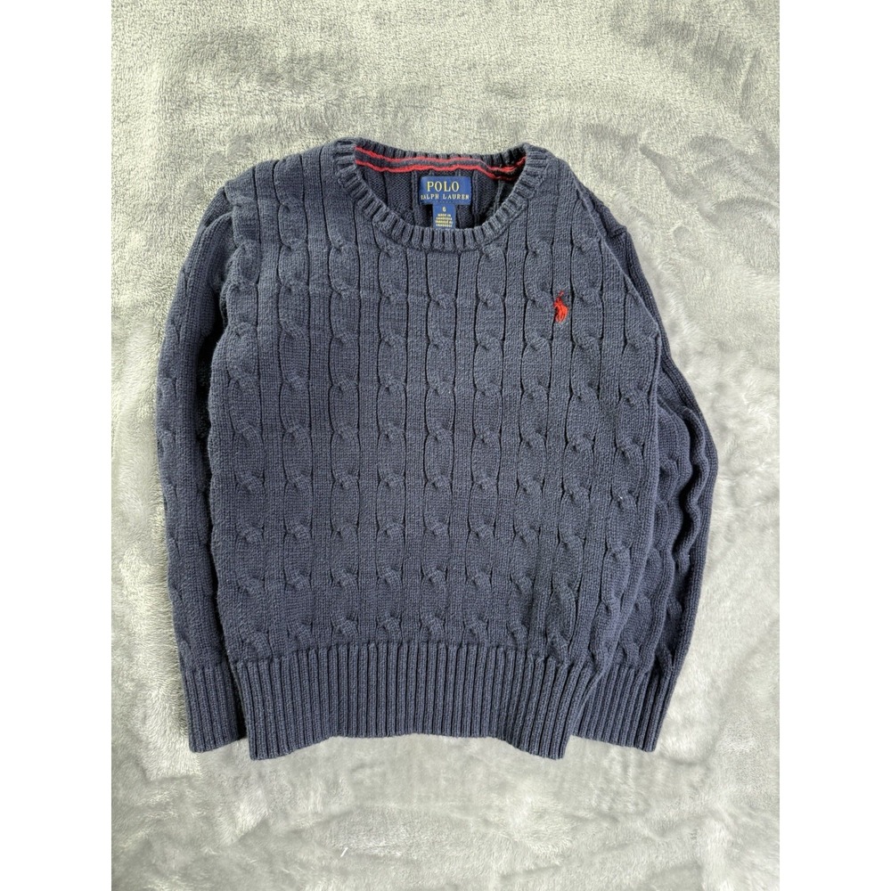Polo Ralph Lauren Youth Sz 6 Cable Knit Sweater Cotton Crewneck Blue